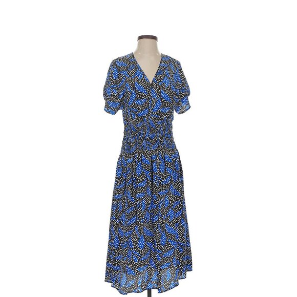No.6 Store V Neck Short Sleeve Dress in Silk Black Blue Dotted Leaves 2 Medium - Picture 1 of 5